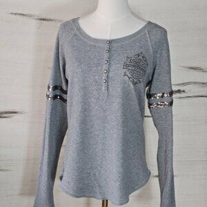 Harley Davidson Top Womens Waffle Knit Henley Gray T-Shirt Embellished‎ Biker M
